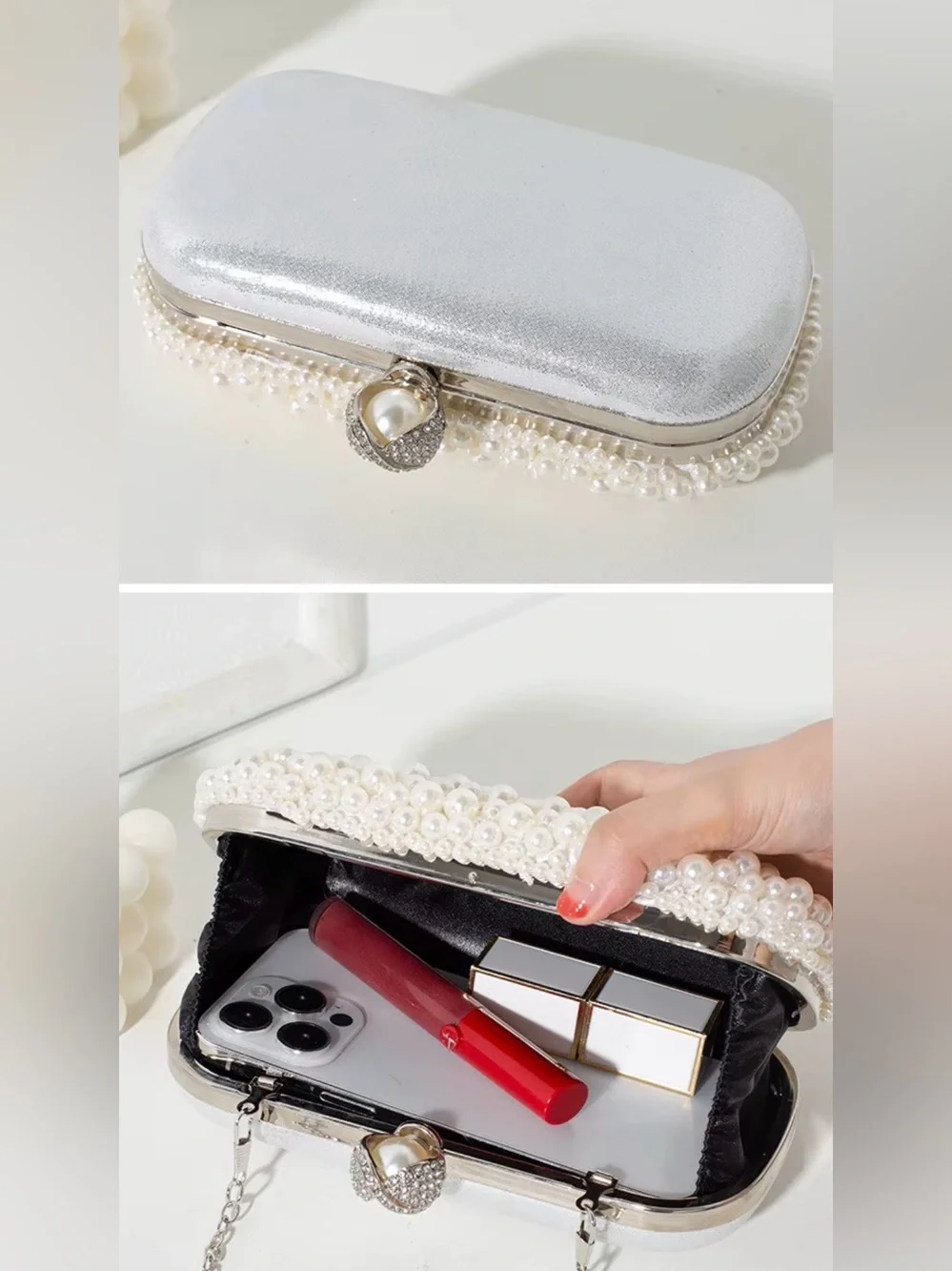 Pearl Embellished Clutch Bag - White